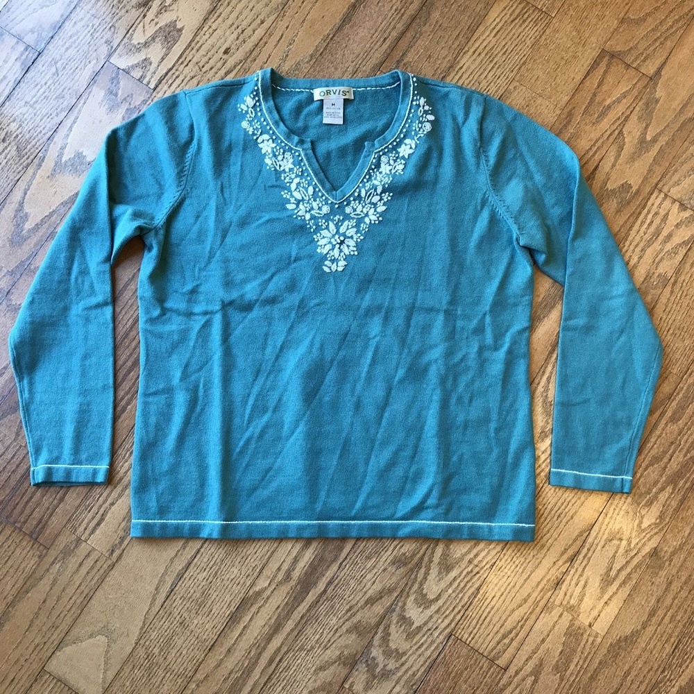 Orvis Medium Teal Embroidered Long Sleeve Top